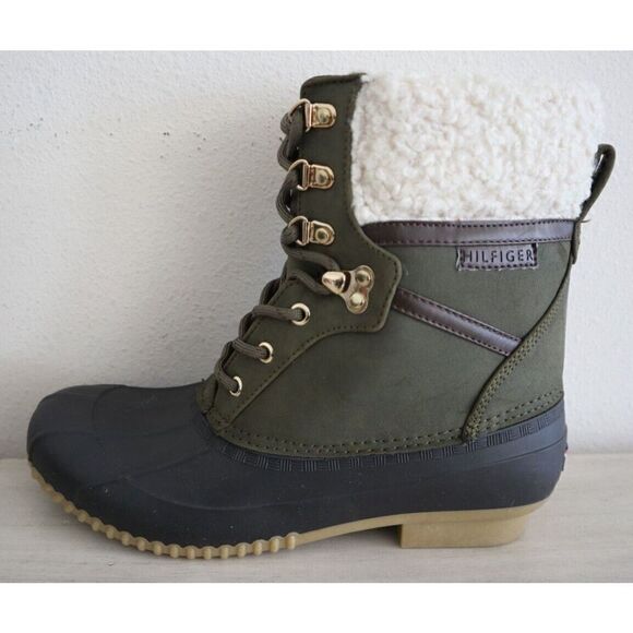 Tommy Hilfiger Women Sz 11M Green Rainah Faux-Shearling Trim WR Duck Boots - Picture 6 of 11